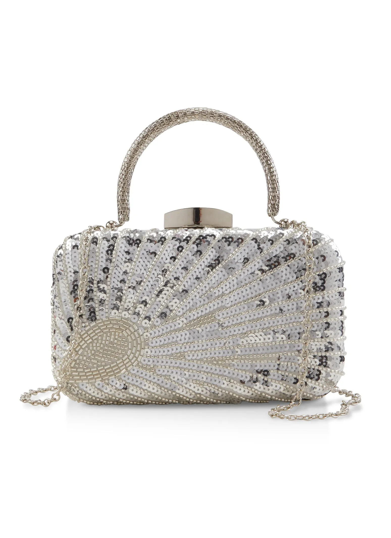 Beaded Sequin Top Handle Convertible Clutch