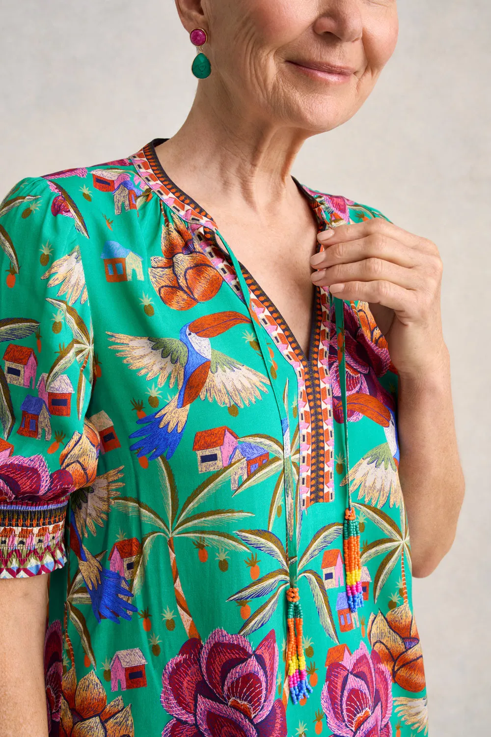 Beaded Tassel Top - Toucan Print
