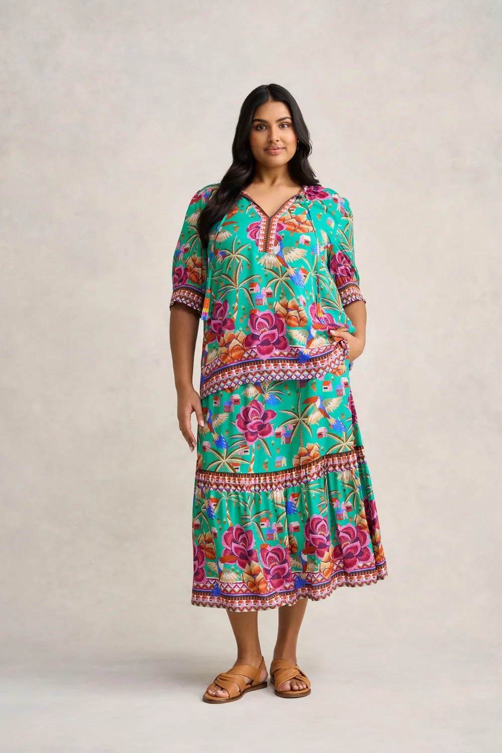 Beaded Tassel Top - Toucan Print