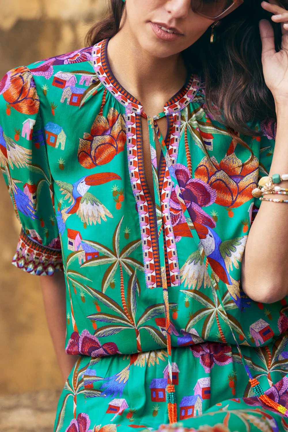 Beaded Tassel Top - Toucan Print