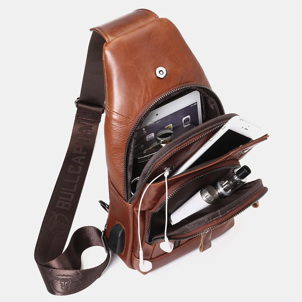 Casual Shoulder Bag For Men Leather USB Charging Large Capacity Bag