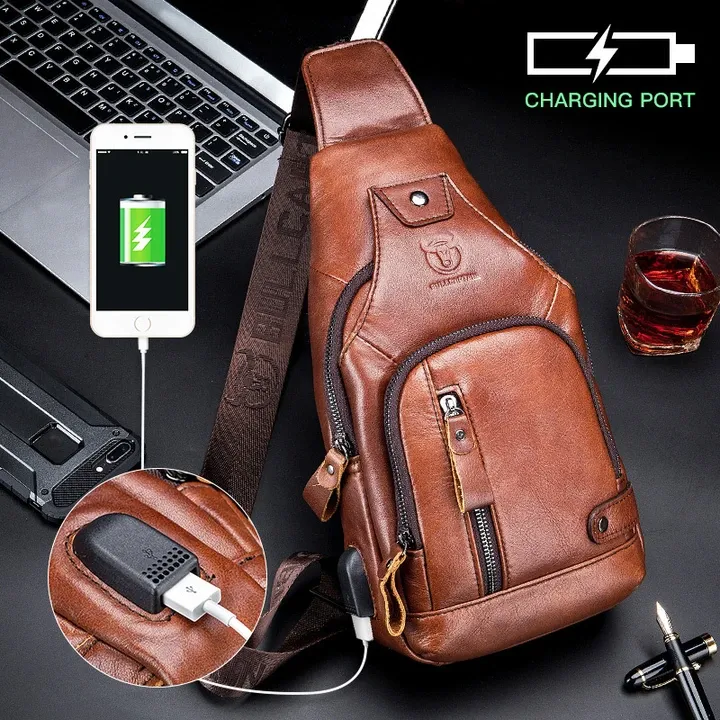 Casual Shoulder Bag For Men Leather USB Charging Large Capacity Bag