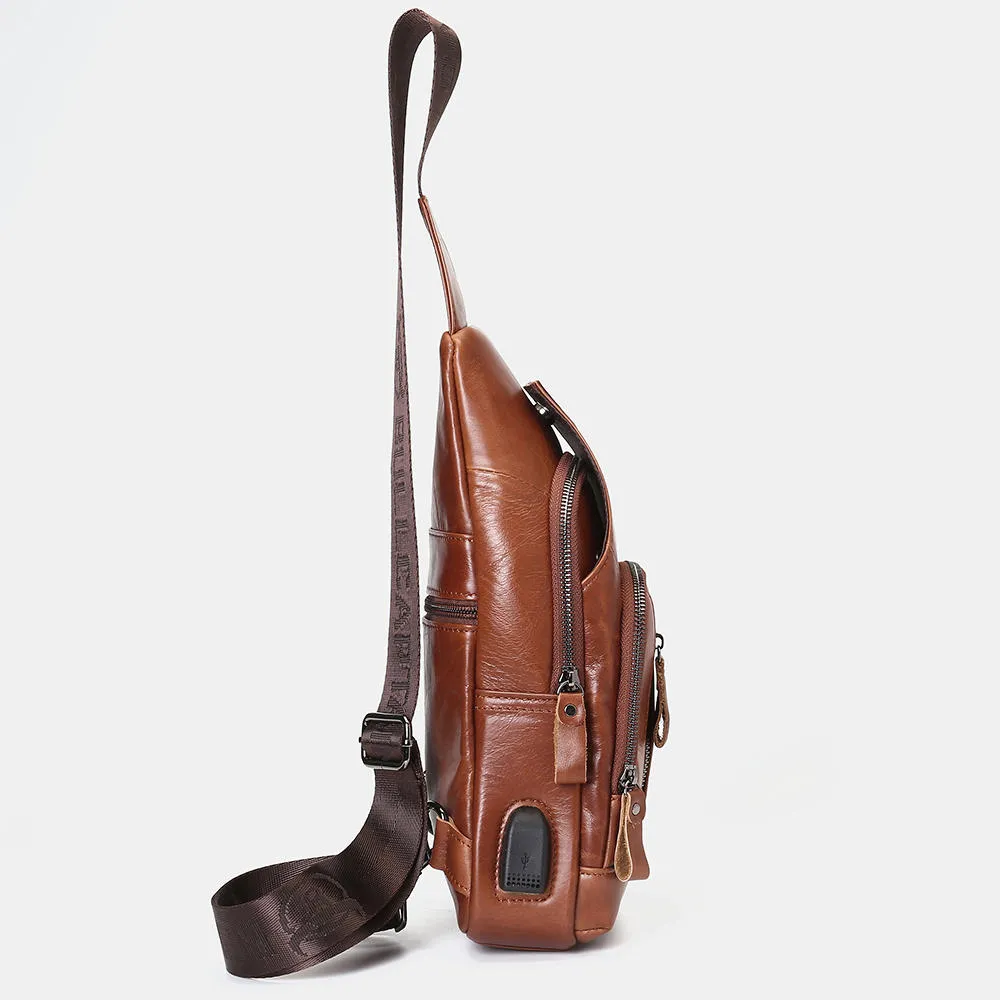 Casual Shoulder Bag For Men Leather USB Charging Large Capacity Bag