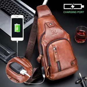 Casual Shoulder Bag For Men Leather USB Charging Large Capacity Bag