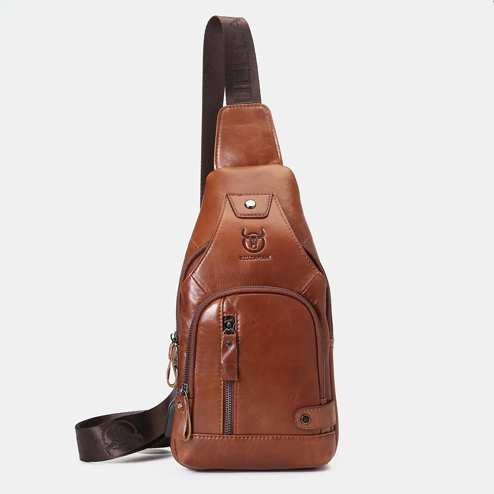 Casual Shoulder Bag For Men Leather USB Charging Large Capacity Bag
