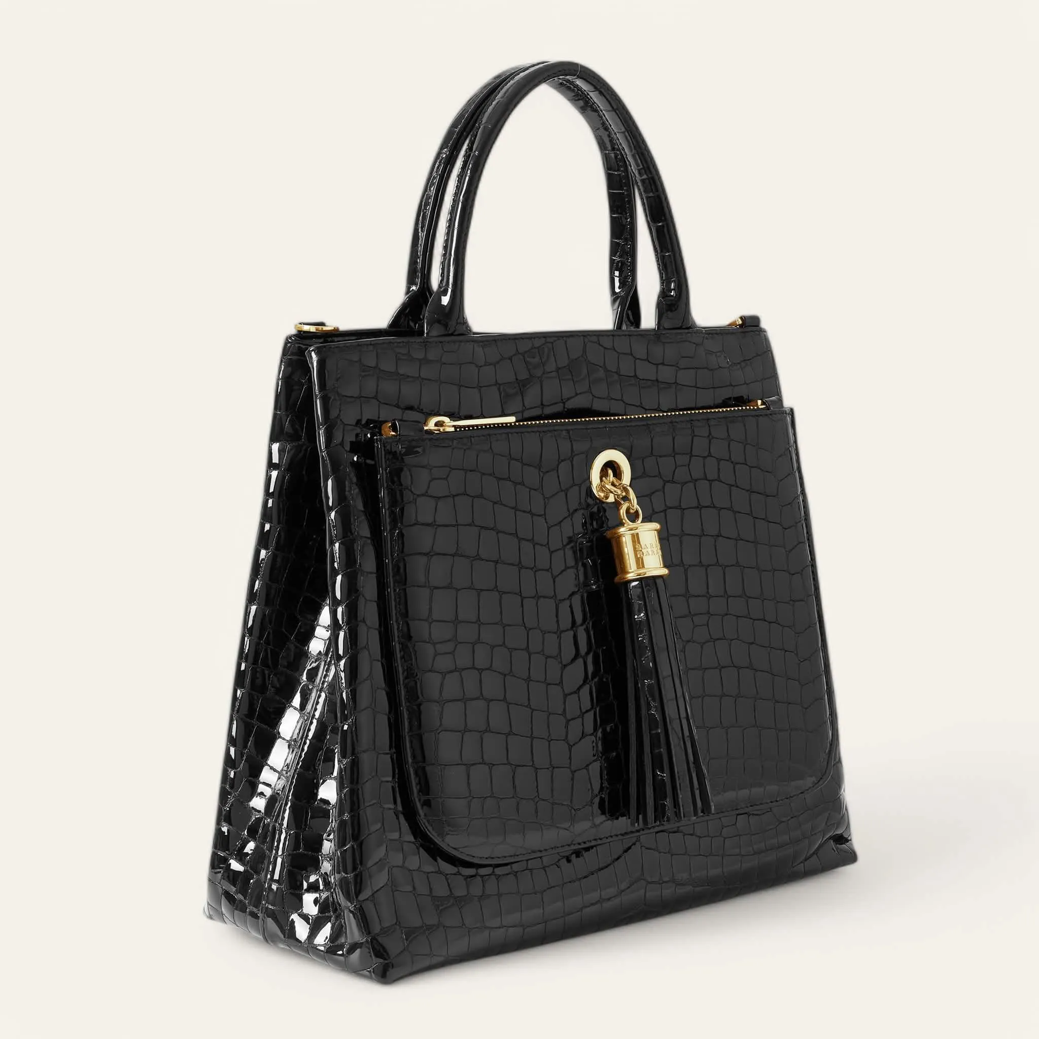 Dahlia Tote | Black Patent Croc with Gold hardware