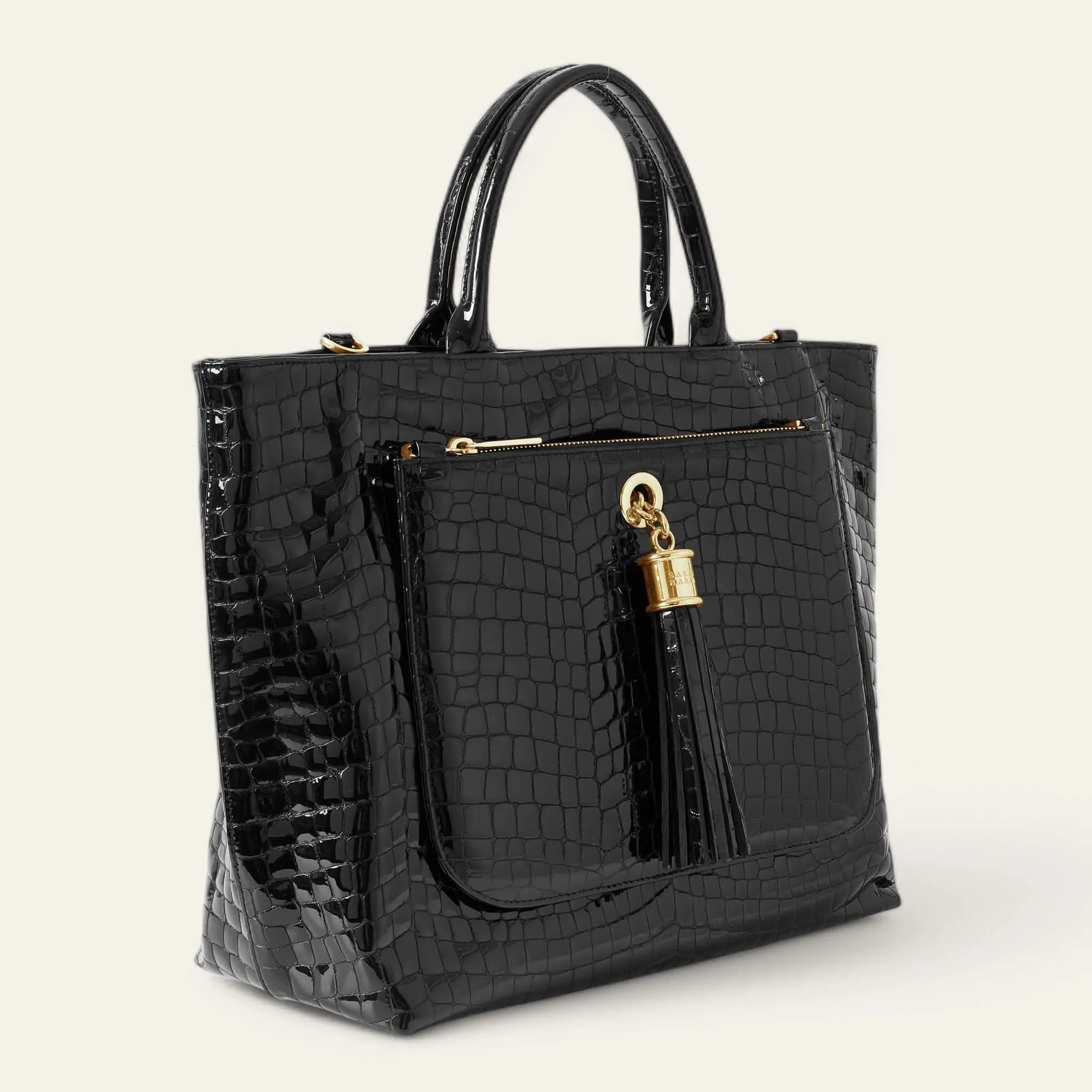 Dahlia Tote | Black Patent Croc with Gold hardware