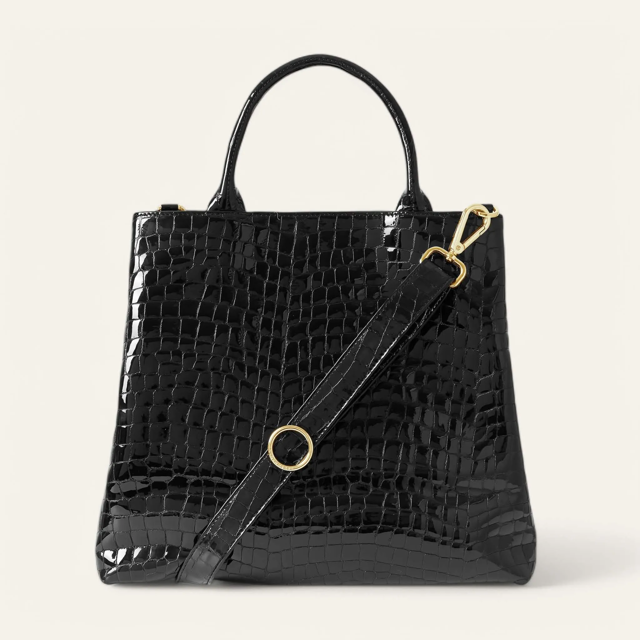Dahlia Tote | Black Patent Croc with Gold hardware