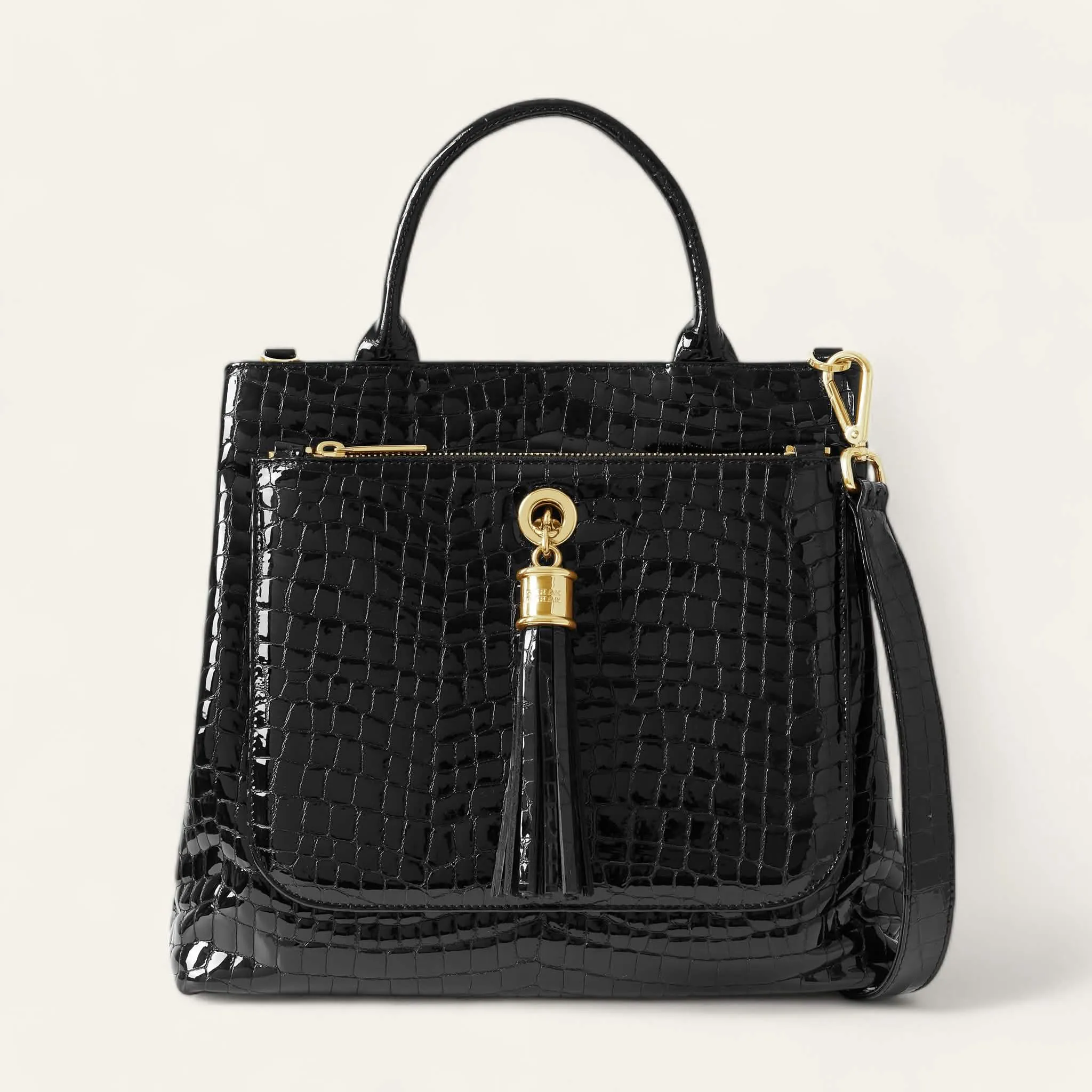 Dahlia Tote | Black Patent Croc with Gold hardware