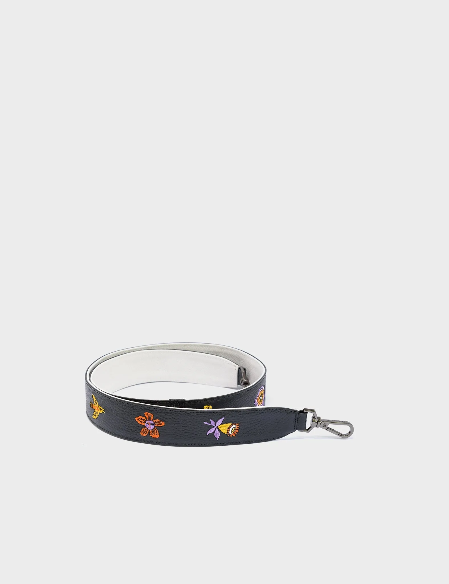 Detachable Black Leather Shoulder Strap - Vintage Bloom Embroidery