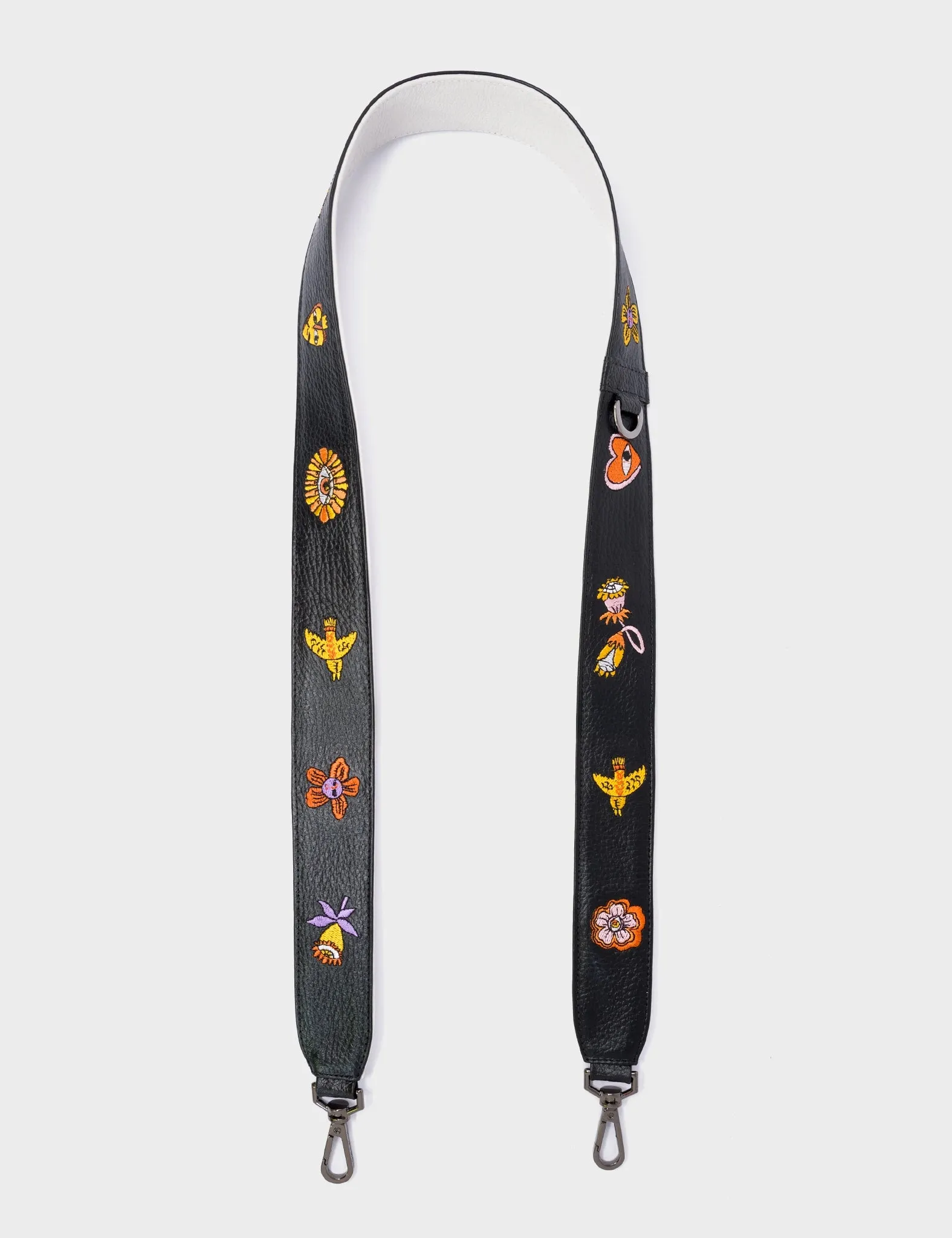 Detachable Black Leather Shoulder Strap - Vintage Bloom Embroidery
