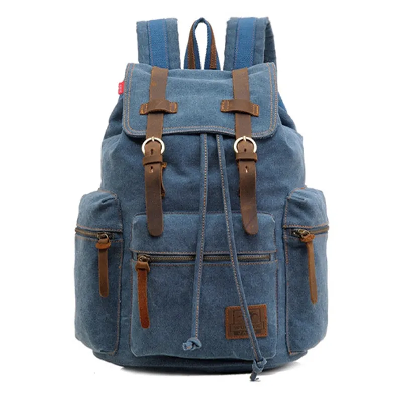 Men Canvas Retro Multifunction 14 Inch Laptop Bag Casual Large Capacity Drawstring Waterproof Backpack