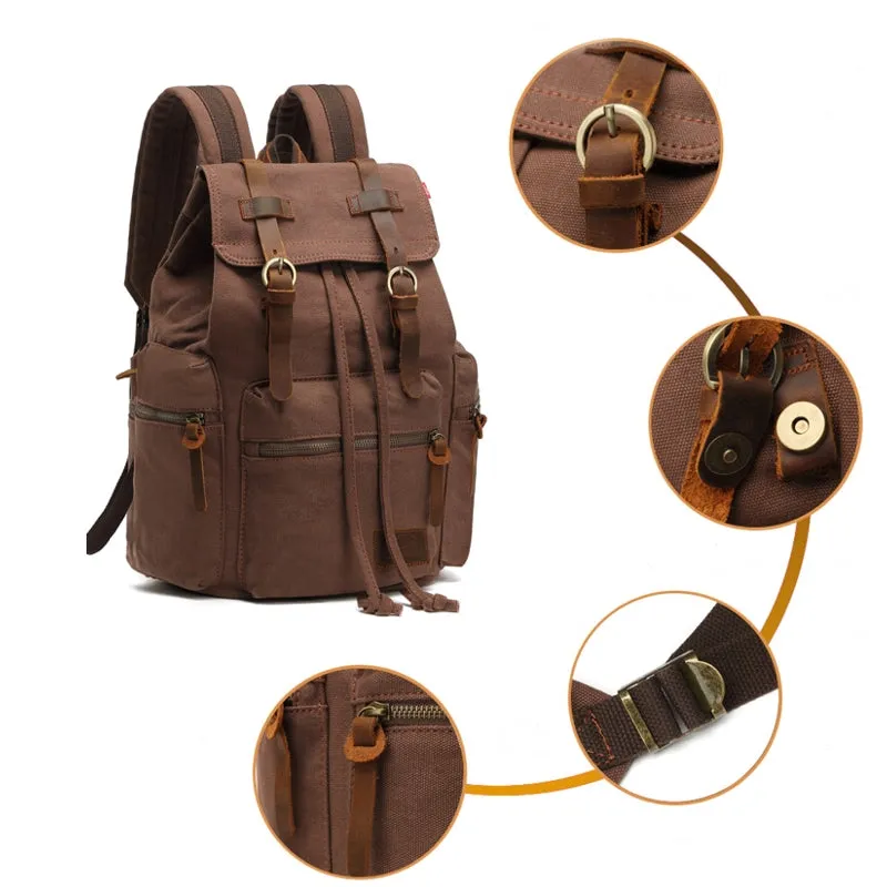Men Canvas Retro Multifunction 14 Inch Laptop Bag Casual Large Capacity Drawstring Waterproof Backpack