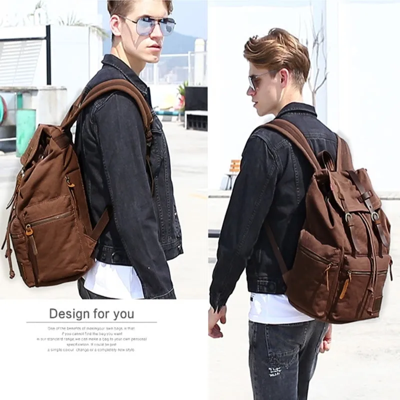 Men Canvas Retro Multifunction 14 Inch Laptop Bag Casual Large Capacity Drawstring Waterproof Backpack