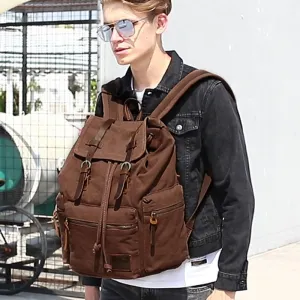 Men Canvas Retro Multifunction 14 Inch Laptop Bag Casual Large Capacity Drawstring Waterproof Backpack