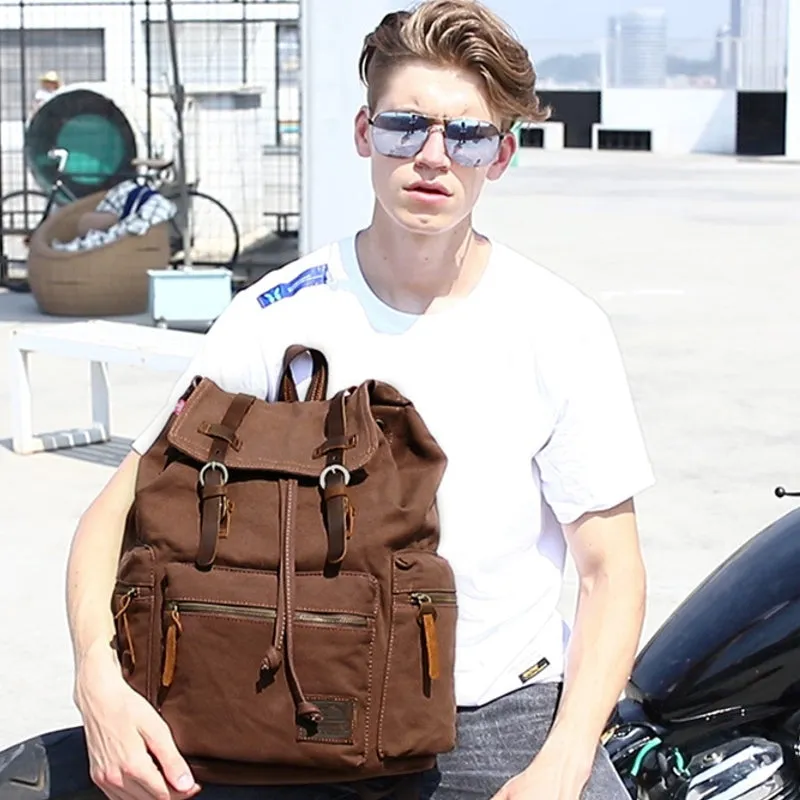 Men Canvas Retro Multifunction 14 Inch Laptop Bag Casual Large Capacity Drawstring Waterproof Backpack