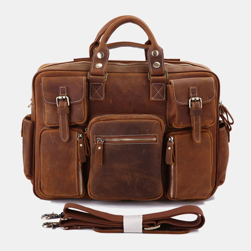Men Genuine Leather Detachable Strap Large Multi-Pocket 15.6 Inch Laptop Bag Briefcase Messenger Bag Crossbody Bags