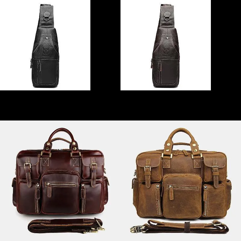 Men Genuine Leather Detachable Strap Large Multi-Pocket 15.6 Inch Laptop Bag Briefcase Messenger Bag Crossbody Bags