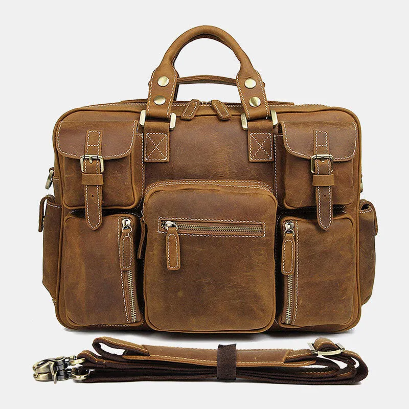 Men Genuine Leather Detachable Strap Large Multi-Pocket 15.6 Inch Laptop Bag Briefcase Messenger Bag Crossbody Bags