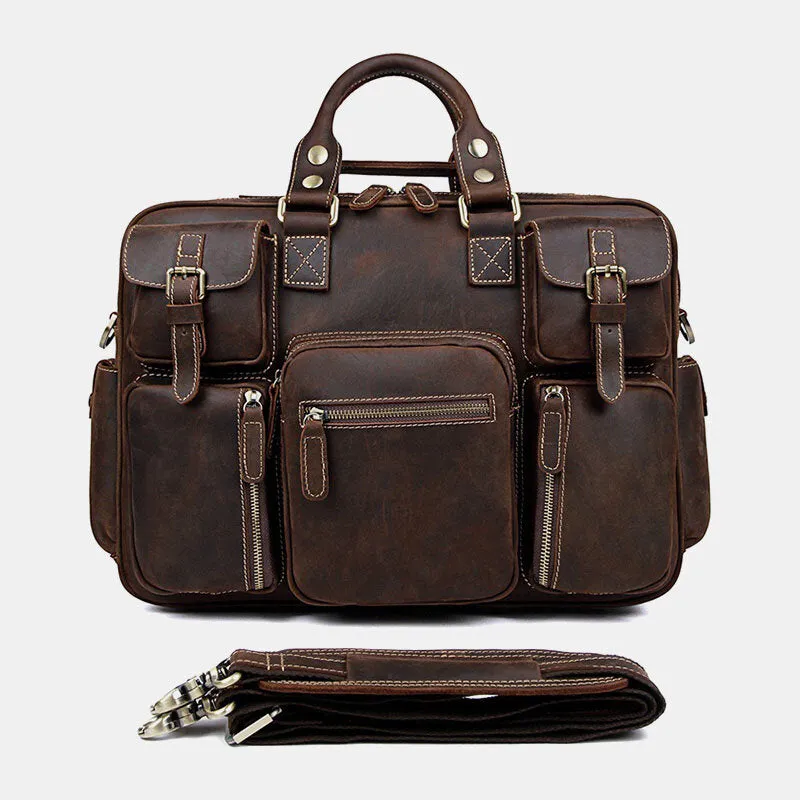 Men Genuine Leather Detachable Strap Large Multi-Pocket 15.6 Inch Laptop Bag Briefcase Messenger Bag Crossbody Bags