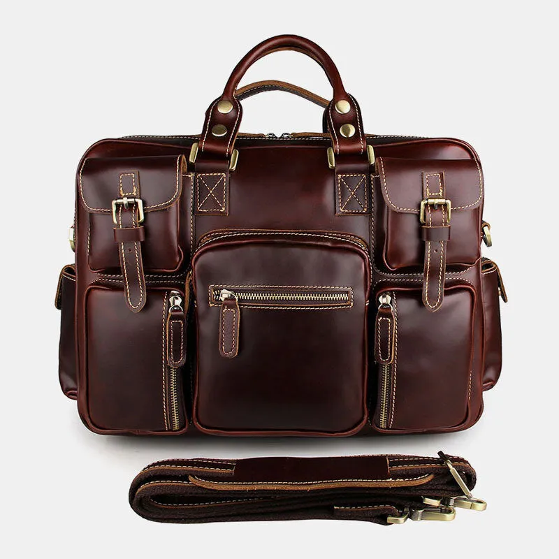 Men Genuine Leather Detachable Strap Large Multi-Pocket 15.6 Inch Laptop Bag Briefcase Messenger Bag Crossbody Bags