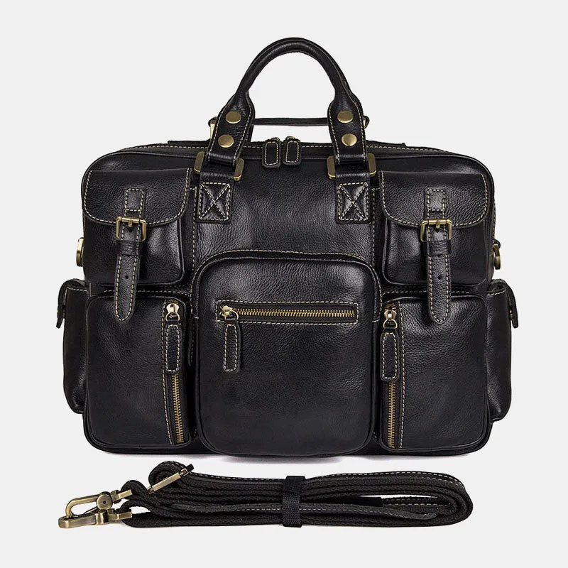 Men Genuine Leather Detachable Strap Large Multi-Pocket 15.6 Inch Laptop Bag Briefcase Messenger Bag Crossbody Bags