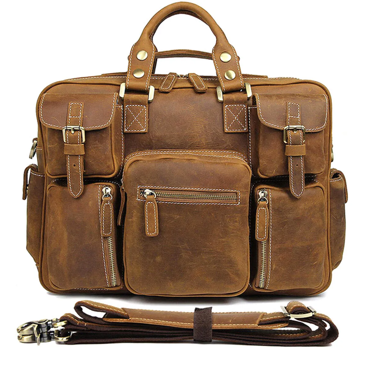 Men Genuine Leather Detachable Strap Large Multi-Pocket 15.6 Inch Laptop Bag Briefcase Messenger Bag Crossbody Bags