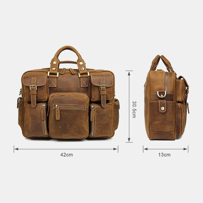 Men Genuine Leather Detachable Strap Large Multi-Pocket 15.6 Inch Laptop Bag Briefcase Messenger Bag Crossbody Bags