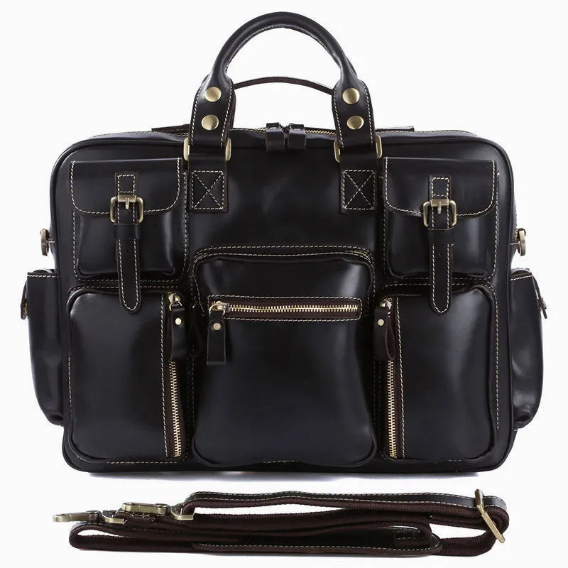 Men Genuine Leather Detachable Strap Large Multi-Pocket 15.6 Inch Laptop Bag Briefcase Messenger Bag Crossbody Bags