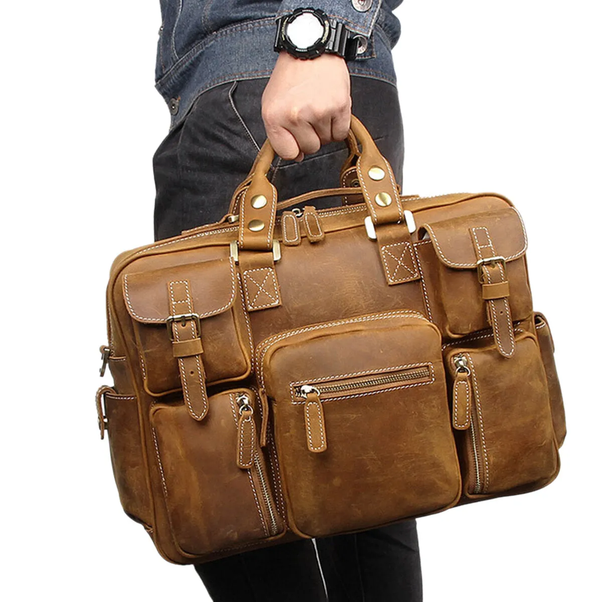 Men Genuine Leather Detachable Strap Large Multi-Pocket 15.6 Inch Laptop Bag Briefcase Messenger Bag Crossbody Bags