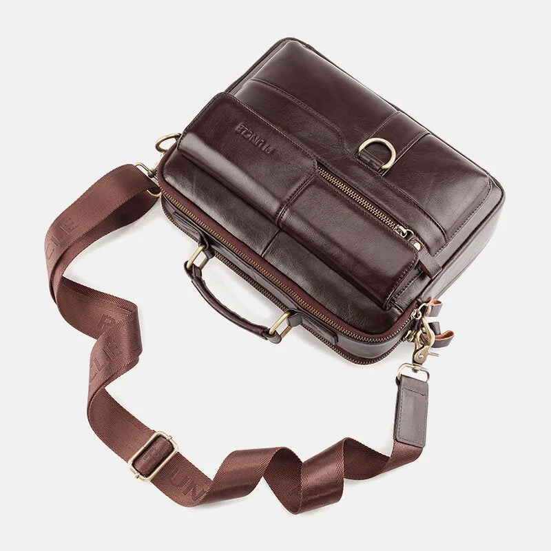 Men Genuine Leather Multi-pocket Crossbody Bags Large Capacity Retro 6.5 Inch Phone Bag Briefcase Shoulder Bag Handbag