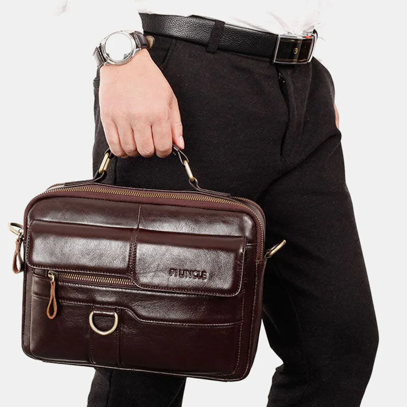 Men Genuine Leather Multi-pocket Crossbody Bags Large Capacity Retro 6.5 Inch Phone Bag Briefcase Shoulder Bag Handbag