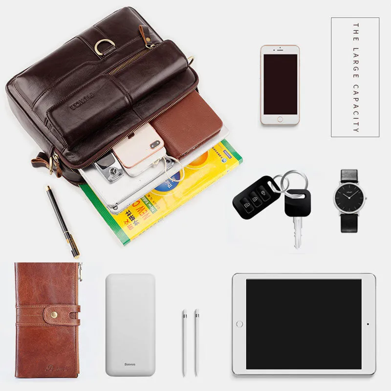 Men Genuine Leather Multi-pocket Crossbody Bags Large Capacity Retro 6.5 Inch Phone Bag Briefcase Shoulder Bag Handbag