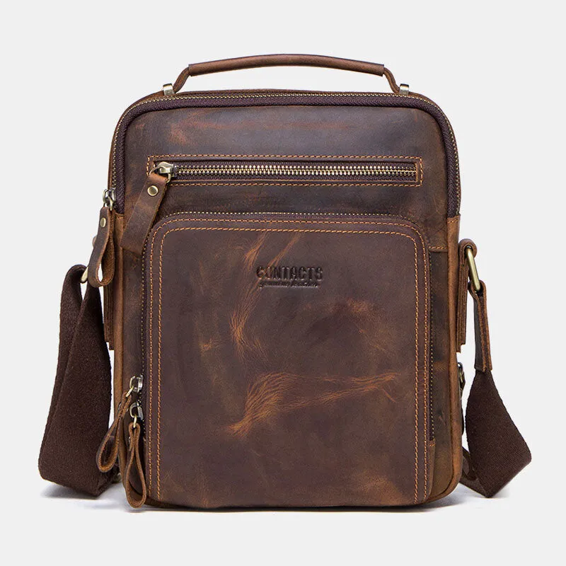 Men Genuine Leather Multifunction Multi-Pocket Vintage Briefcases Messenger Bag Crossbody Bag Handbag
