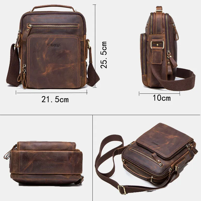 Men Genuine Leather Multifunction Multi-Pocket Vintage Briefcases Messenger Bag Crossbody Bag Handbag