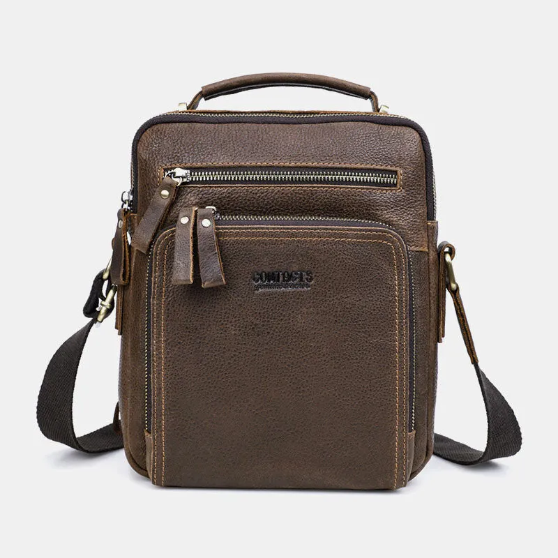 Men Genuine Leather Multifunction Multi-Pocket Vintage Briefcases Messenger Bag Crossbody Bag Handbag