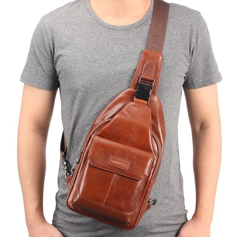 Men Genuine Leather New Vinatge Large Capacity Chest Bag Shoulder Bag Crossbody Bag