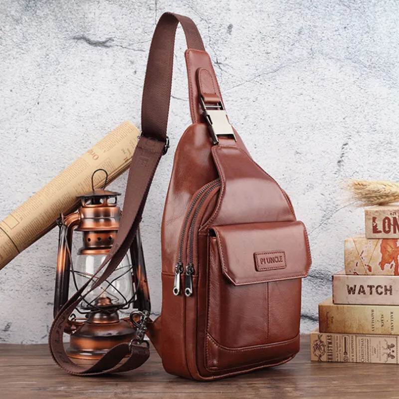 Men Genuine Leather New Vinatge Large Capacity Chest Bag Shoulder Bag Crossbody Bag
