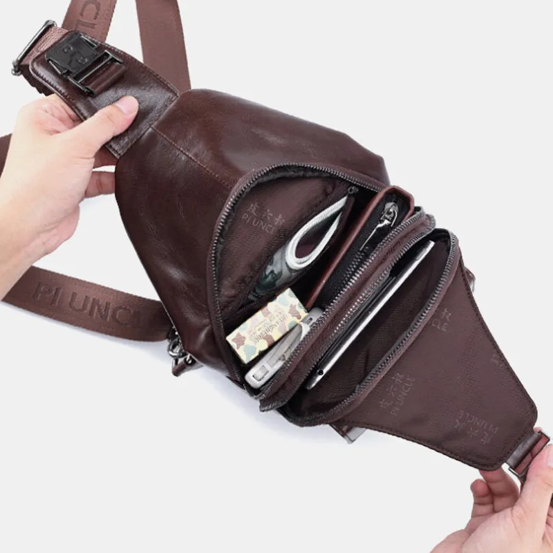 Men Genuine Leather New Vinatge Large Capacity Chest Bag Shoulder Bag Crossbody Bag