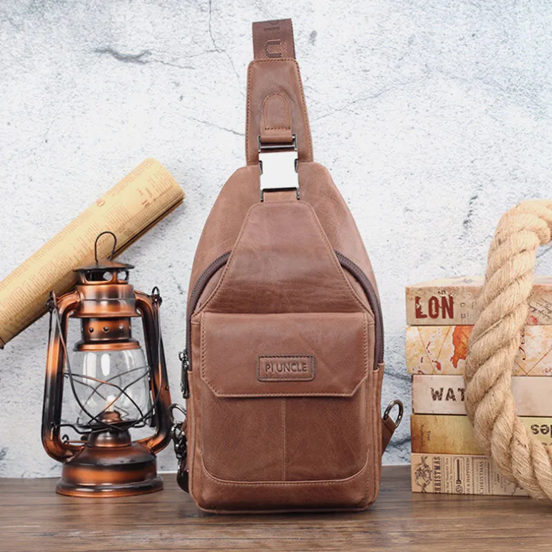 Men Genuine Leather New Vinatge Large Capacity Chest Bag Shoulder Bag Crossbody Bag