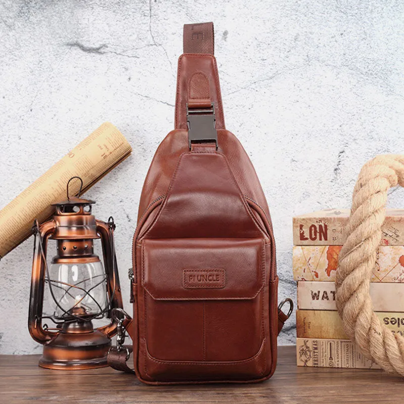 Men Genuine Leather New Vinatge Large Capacity Chest Bag Shoulder Bag Crossbody Bag