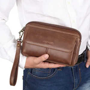 Men Genuine Leather Retro Casual Long Wallet Card Bag Clutch Bag