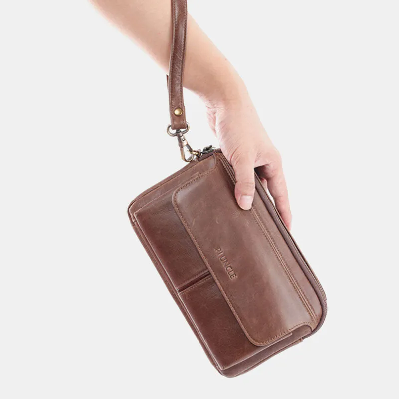 Men Genuine Leather Retro Casual Long Wallet Card Bag Clutch Bag