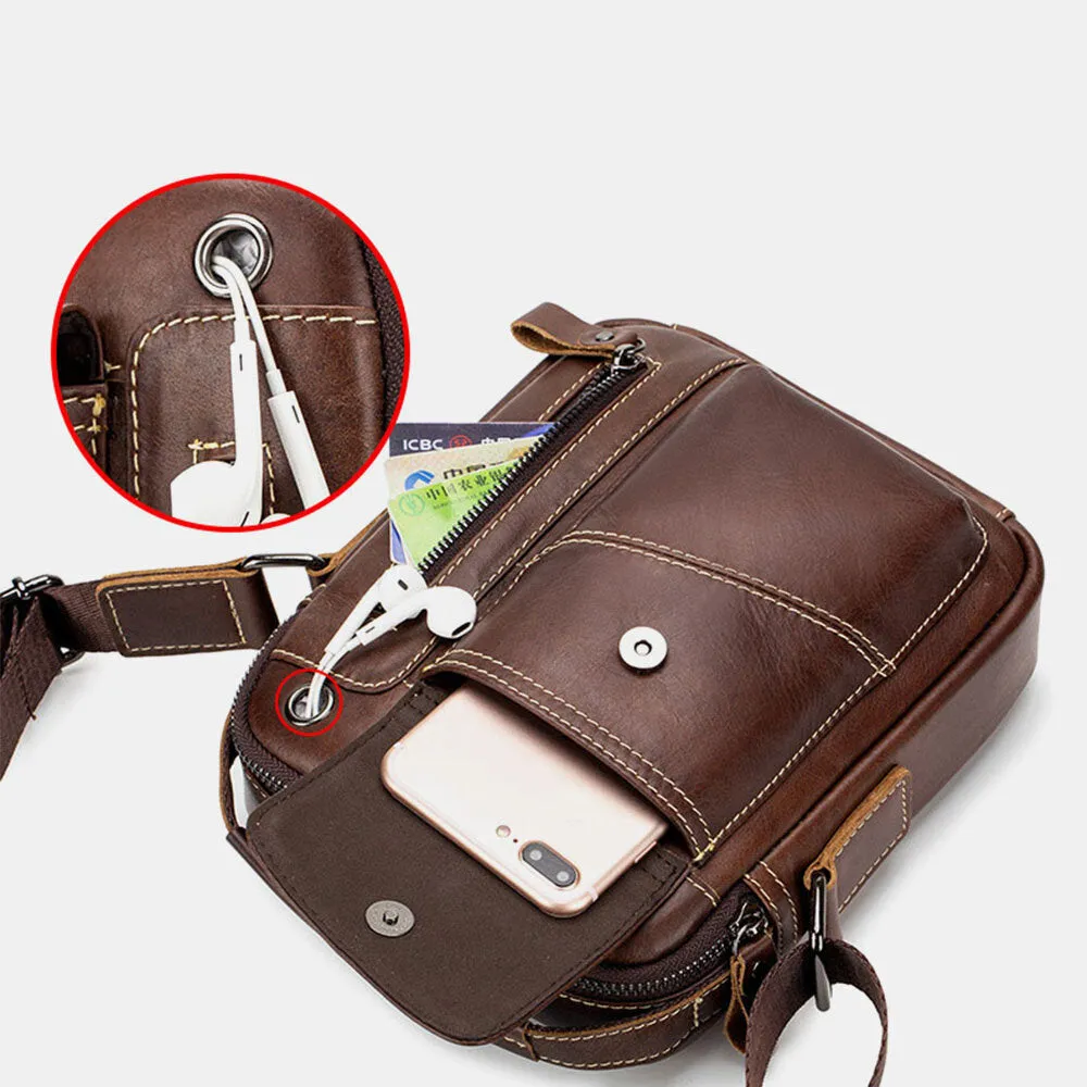 Men Genuine Leather Wear-resistant Headphone Hole Multi-pocket Vintage Crossbody Bag Shoulder Bag