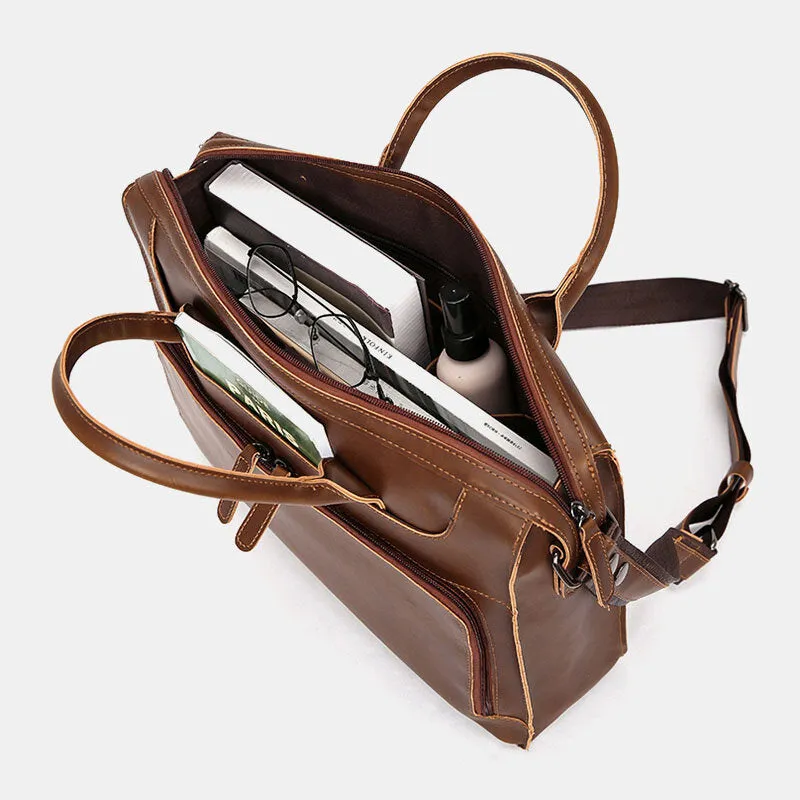 Men Horizontal Multi-pocket Multi-compartment Briefcase Vintage PU Leather 14 Inch Laptop Bag Crossbody Bag Shoulder Bag Handbag