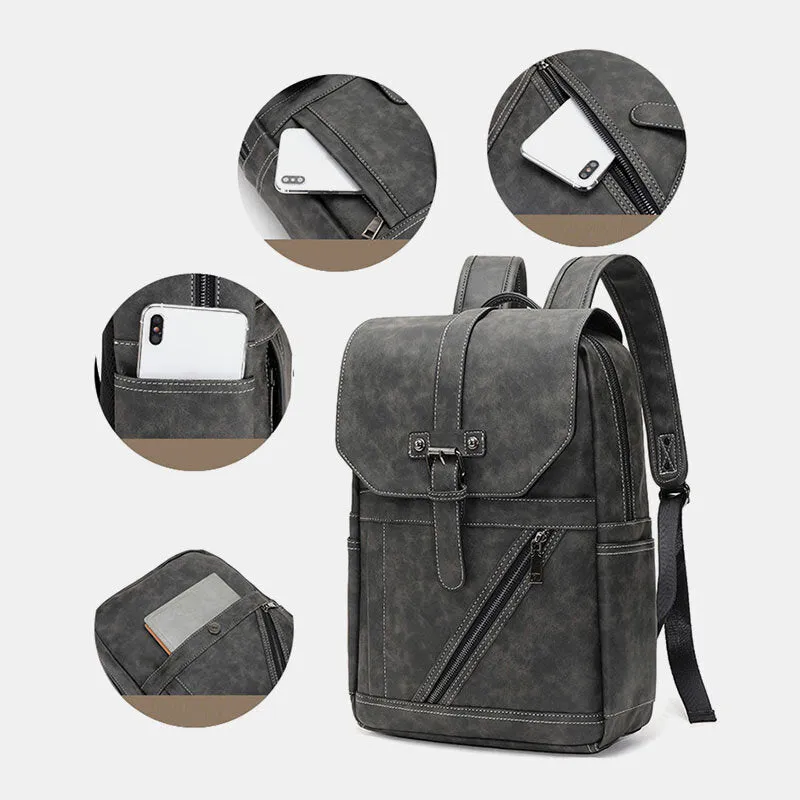 Men Multi-pocket Breathable PU Leather Backpack Vintage 14 Inch Laptop Bag Large Capacity Travel Bag