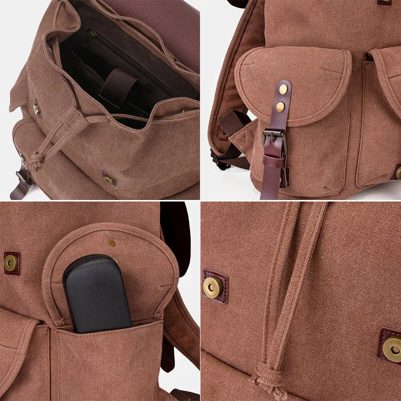 Men Oil Wax Canvas Casual Waterproof Multi-pocket Backpack Large Capacity 15.6 Inch Laptop Bag Shoulder Bag