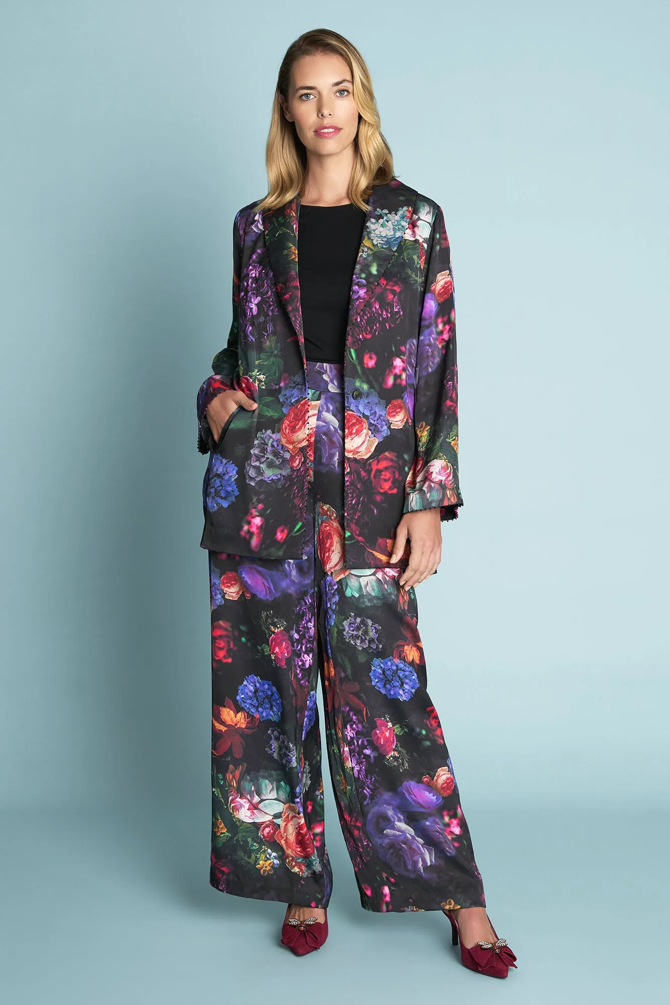 Printed Satin Jacket - Dark Floral Print