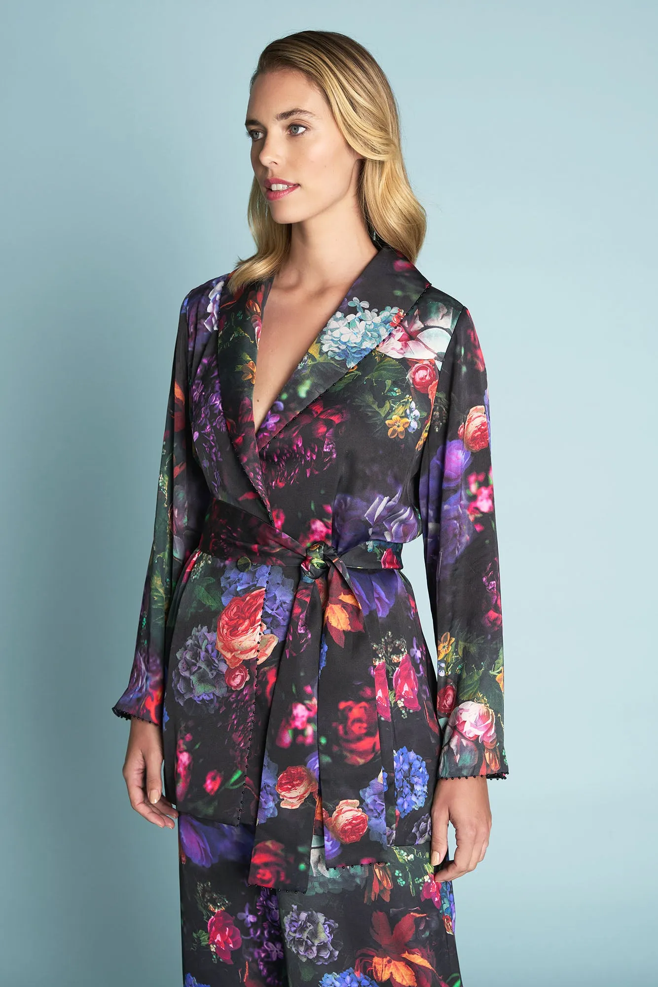 Printed Satin Jacket - Dark Floral Print