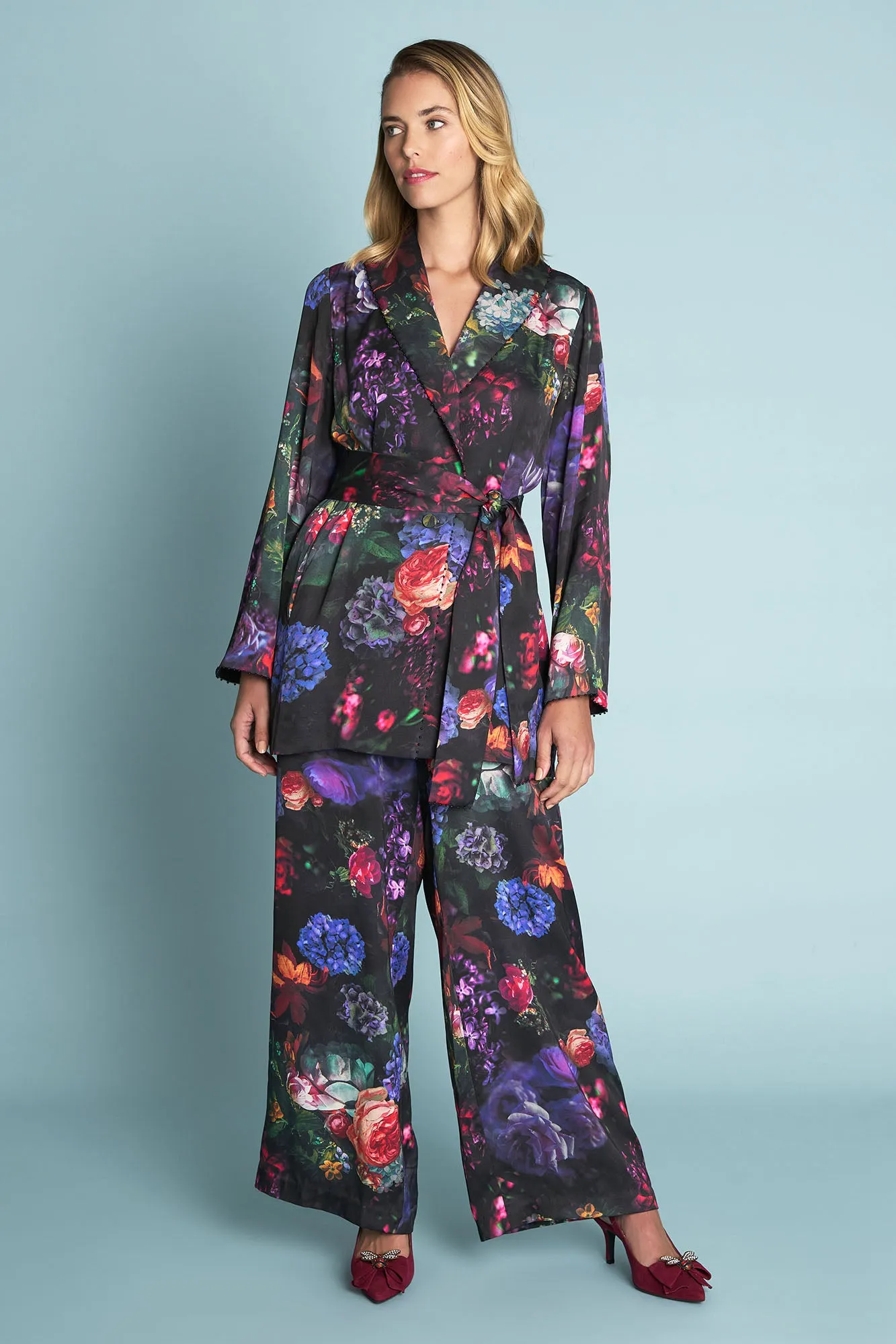 Printed Satin Jacket - Dark Floral Print